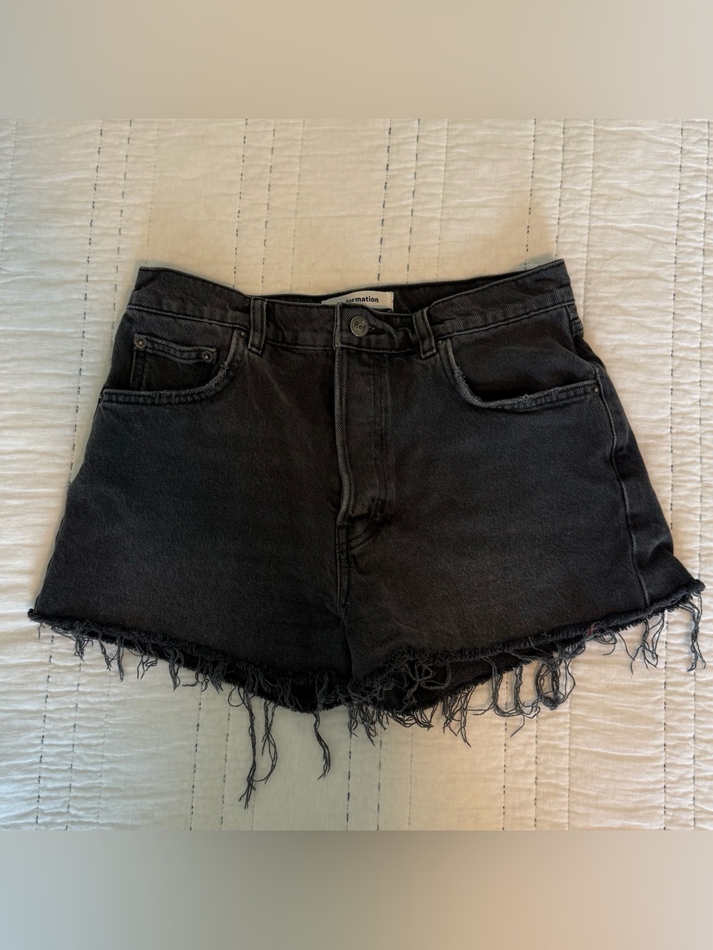 Reformation Washed Black High-Rise Frayed Denim Shorts